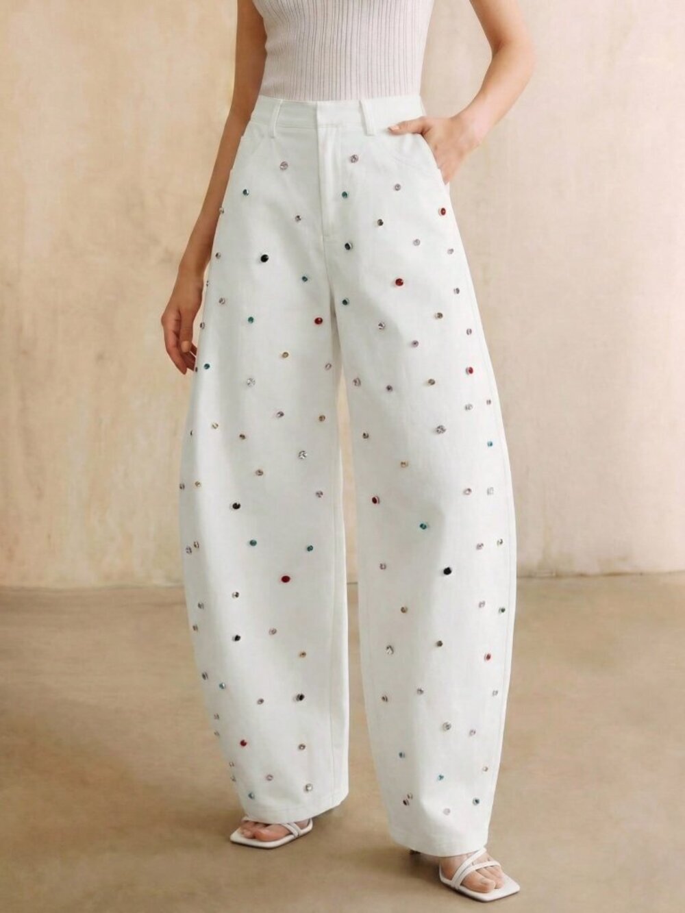 White Casual Women's  Colorful Rhinestone barrel jeans pants